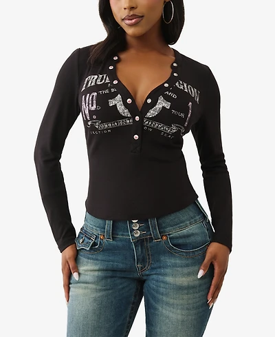 True Religion Women's Ls Printed Ribbed Henley Top