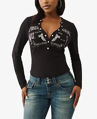 True Religion Women's Ls Printed Ribbed Henley Top