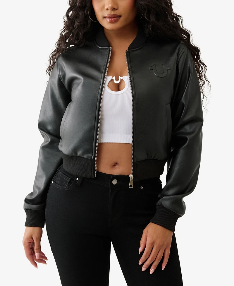 True Religion Women's Crop Polyurethane Bomber Jacket
