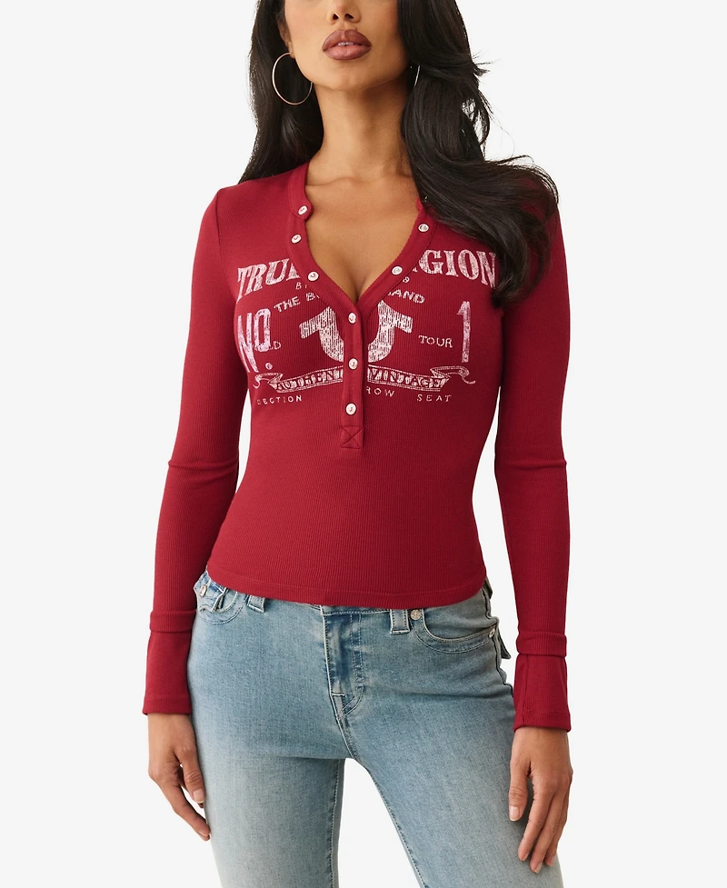 True Religion Women's Ls Printed Ribbed Henley Top