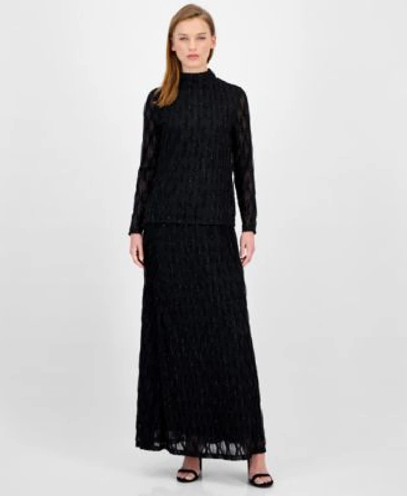 Anne Klein Womens Glitter Long Sleeve Mock Neck Top Glitter Flared Maxi Skirt