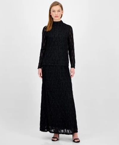 Anne Klein Womens Glitter Long Sleeve Mock Neck Top Glitter Flared Maxi Skirt