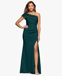 Xscape Womens One Shoulder Pleat Long Dress