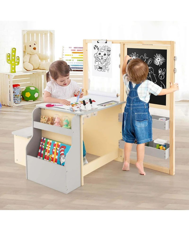 Kids Art Center Wooden Table Bench Set Adjustable Double-Sided Easel Storage