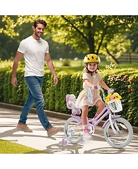 Kids Bicycle with Basket Doll Seat Colorful Streamers Training Wheels Purple