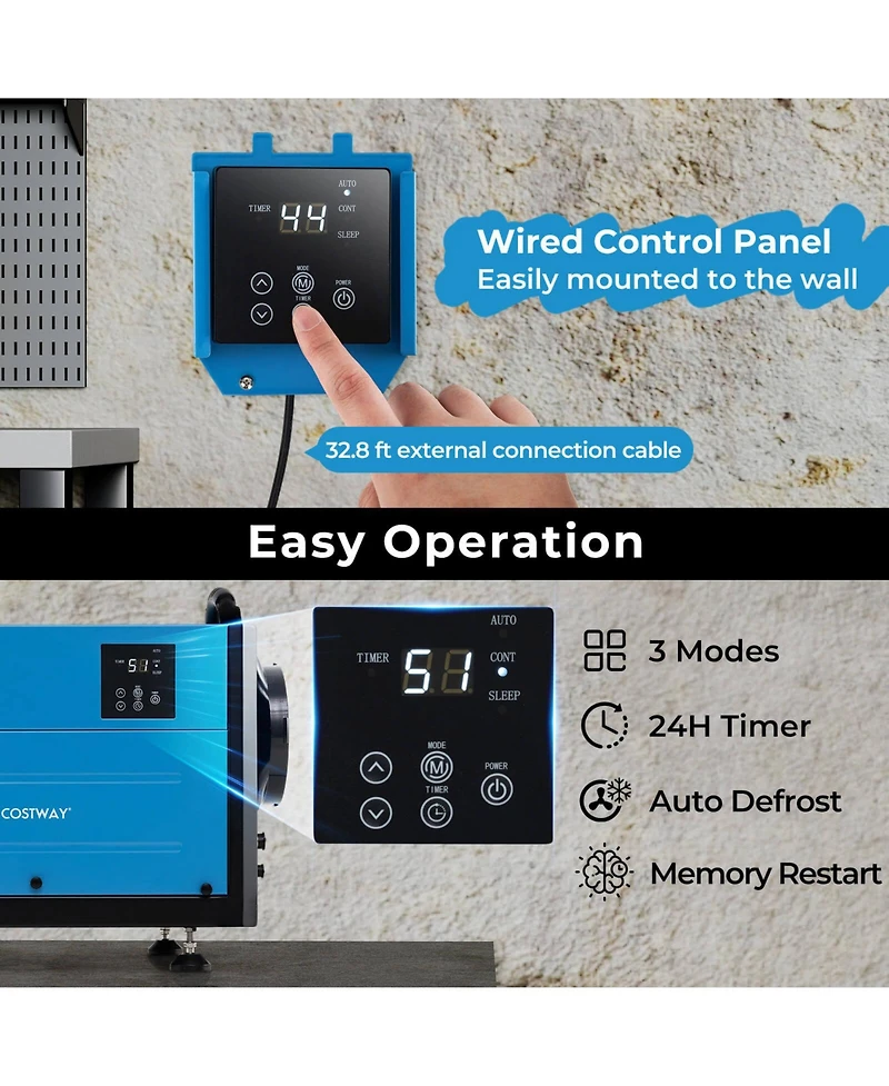 Costway 124 Pint Crawl Space Dehumidifier Commercial with 3 Modes & 24H Timer 1300 Square. feet Coverage Area