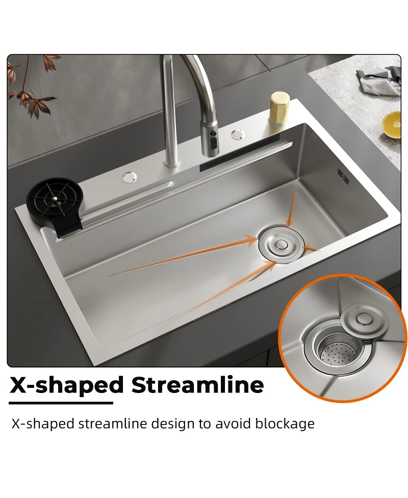 30-Inch Drop-In Single Bowl 304 Stainless Steel Kitchen Sink with Pull-Down Faucet, Cutting Board & Hidden Waterfall