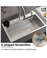 30-Inch Drop-In Single Bowl 304 Stainless Steel Kitchen Sink with Pull-Down Faucet, Cutting Board & Hidden Waterfall