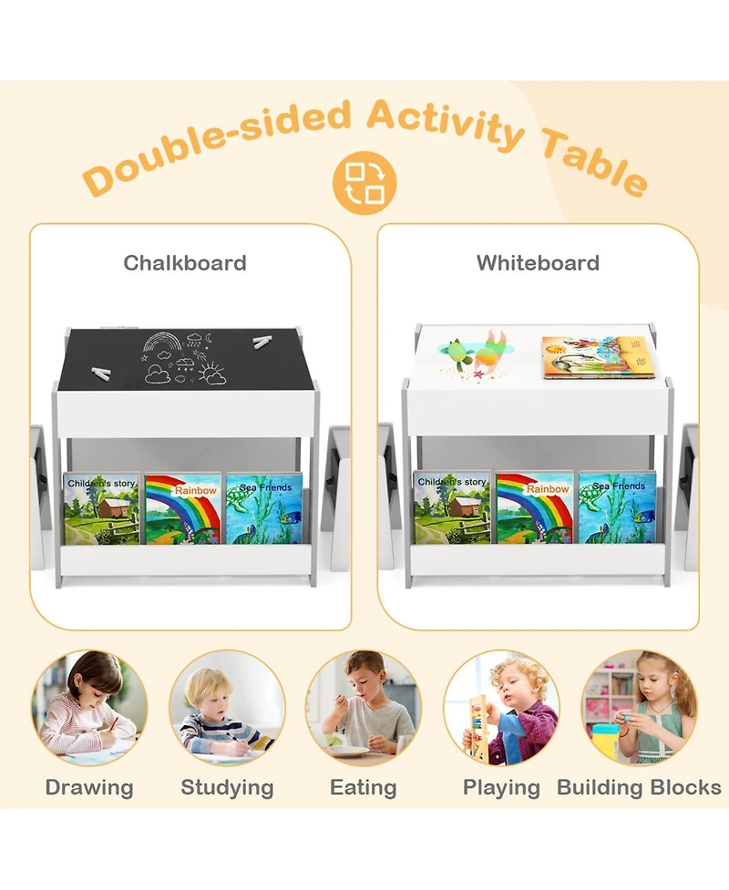 4-in-1 Kids Table & Chair Set Toddler Wooden Activity Table with Side Bookshelves