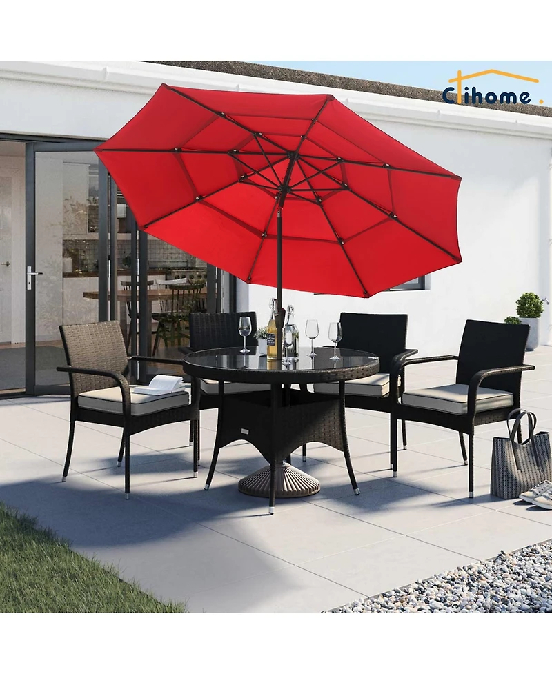 Clihome 3-Tier Patio Umbrella,10ft Outdoor Table Umbrella Large Pool For Deck, Pool, Garden, Patio，Red