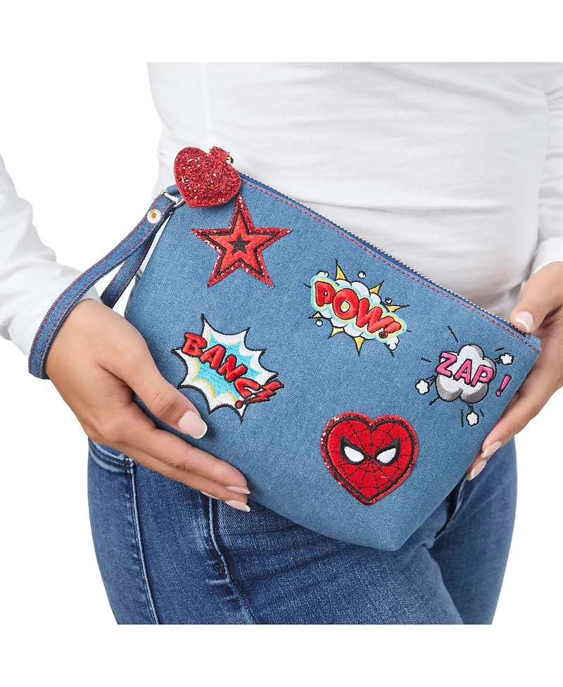 Marvel SpiderMan Denim Patch Cosmetic Pouch with Comic Pop Embellishments