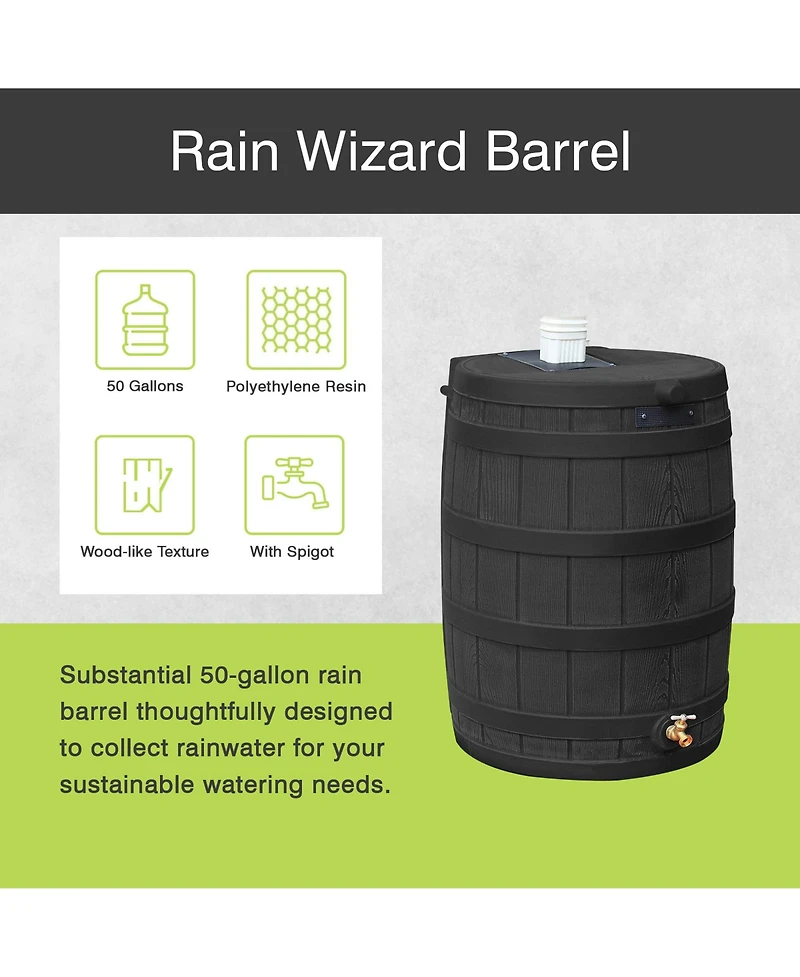 Good Ideas Rain Wizard 50 Gallon Plastic Rain Barrel Water Collector, Black