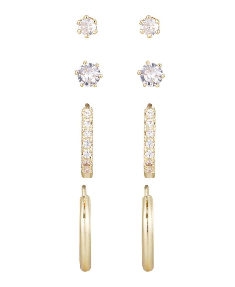 Adornia Gold Cz Hoop and Solitaire Stud Earrings Set