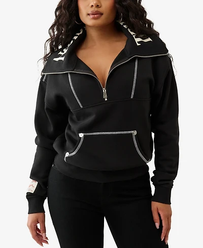 True Religion Women's Contrast Stitch Half Zip Pullover Sweatshirt