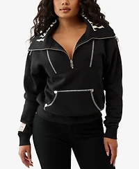 True Religion Women's Contrast Stitch Half Zip Pullover Sweatshirt