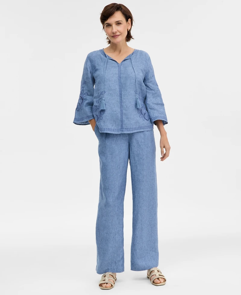 Charter Club Women's Embroidered 100% Linen Split-Neck Tunic, Macy's Exclusive