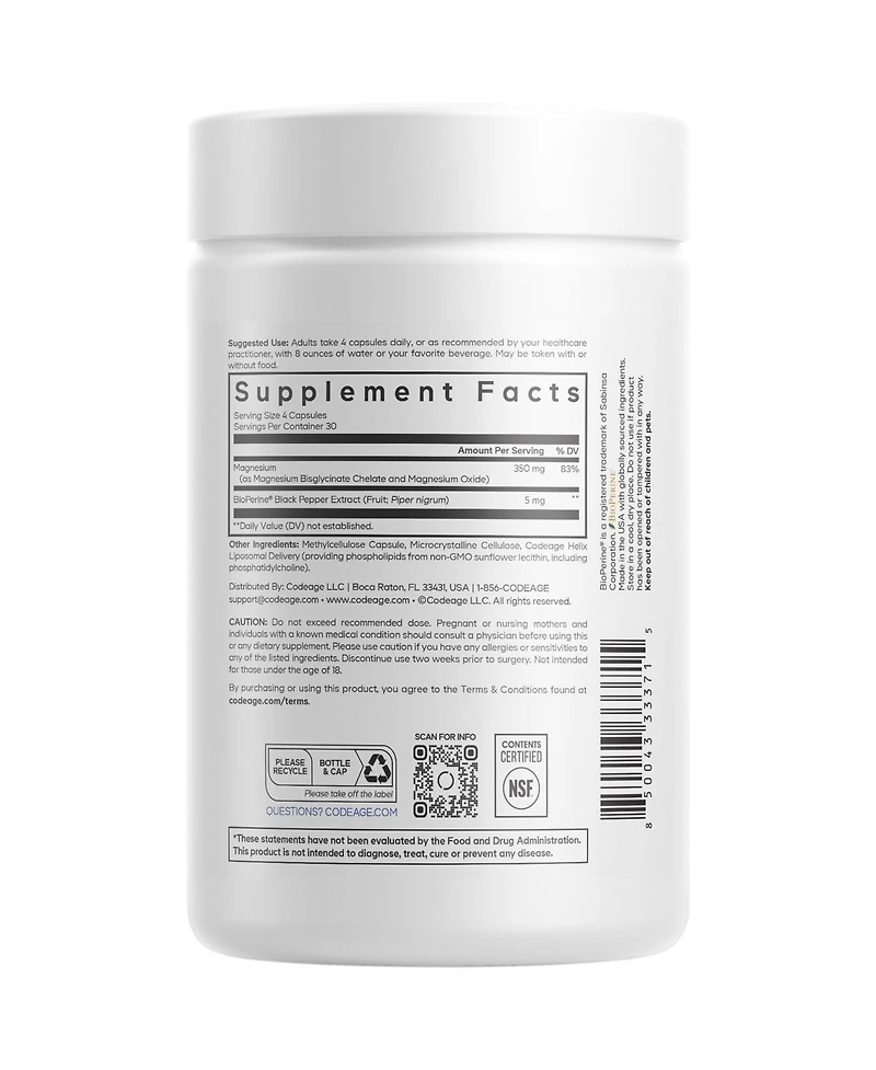 Codeage Liposomal Magnesium Glycinate Supplement - Magnesium Bisglycinate Pills - BioPerine Black Pepper - Liposomal Delivery