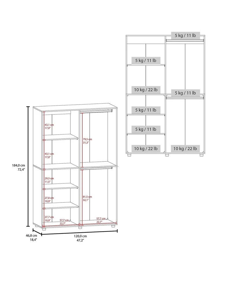 Brewster Wardrobe, 2 Doors, 6 Legs, 5 Shelves