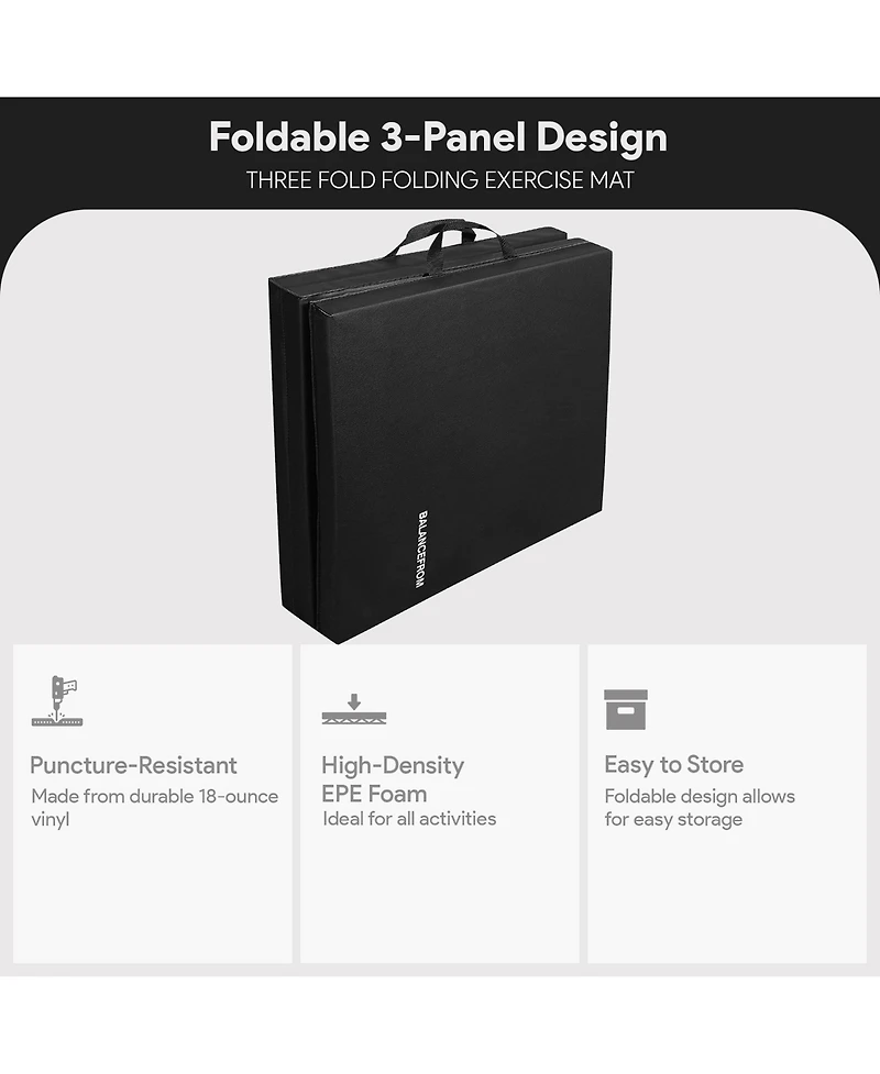 BalanceFrom Fitness GoGym 6'x2'x1.5" Folding 3 Panel Exercise Gym Mat, Black