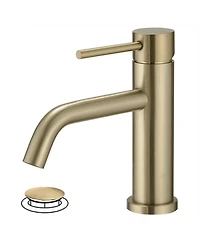 Single-Handle Single Hole Low-Arc Bathroom Faucet Bathroom with Drain Assembly Drip-Free Vanity Sink Faucet in Brushed Gold