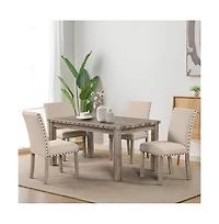 Farmhouse Dining Table Set for 4, Country Style Kitchen Table w/ 4 Upholstered Chairs, Rustic Vintage Dining Set for Family Meals