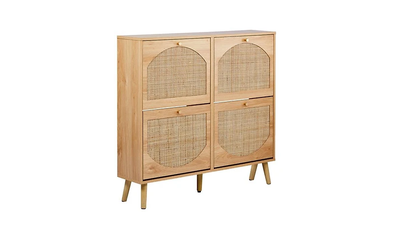 Slickblue Shoe Cabinet with 2 Rows of 4 Dump Buckets High Feet Arched Rattan Surface