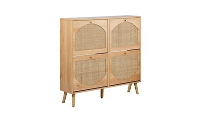 Slickblue Shoe Cabinet with 2 Rows of 4 Dump Buckets High Feet Arched Rattan Surface
