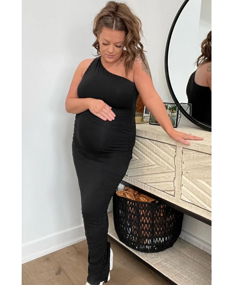 PinkBlush Black Ruched One Shoulder Maternity Dress