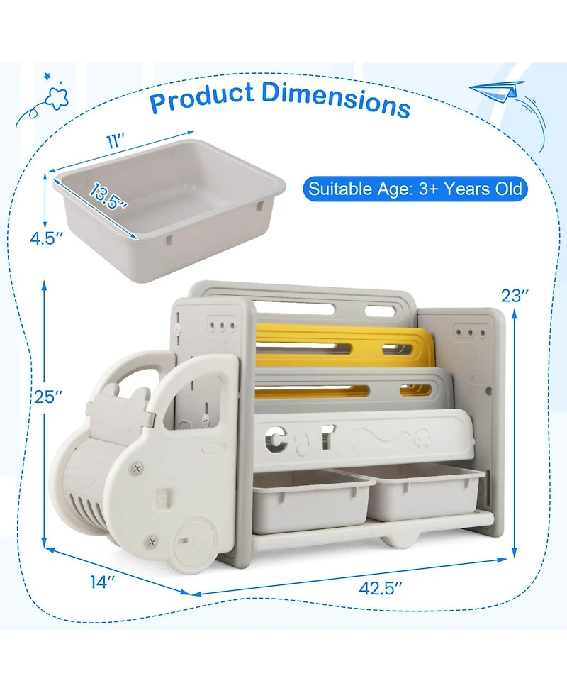 Costway 3-Tier Kids Toy Storage and Bookshelf with 2 Storage Boxes Decorative Car Head