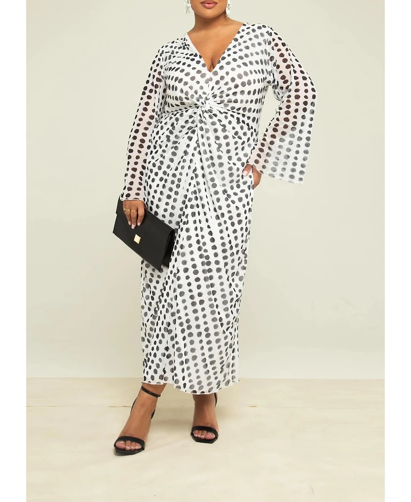 Fashion-szn Curve Women's Long Sleeve V-Neck Polka Dot Midi Dress