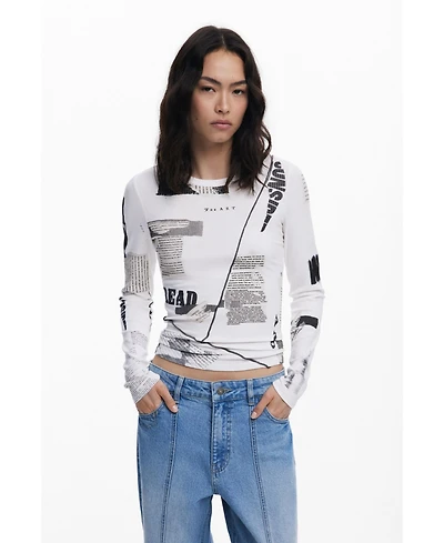 Desigual Women's Ribbed newspaper T-shirt