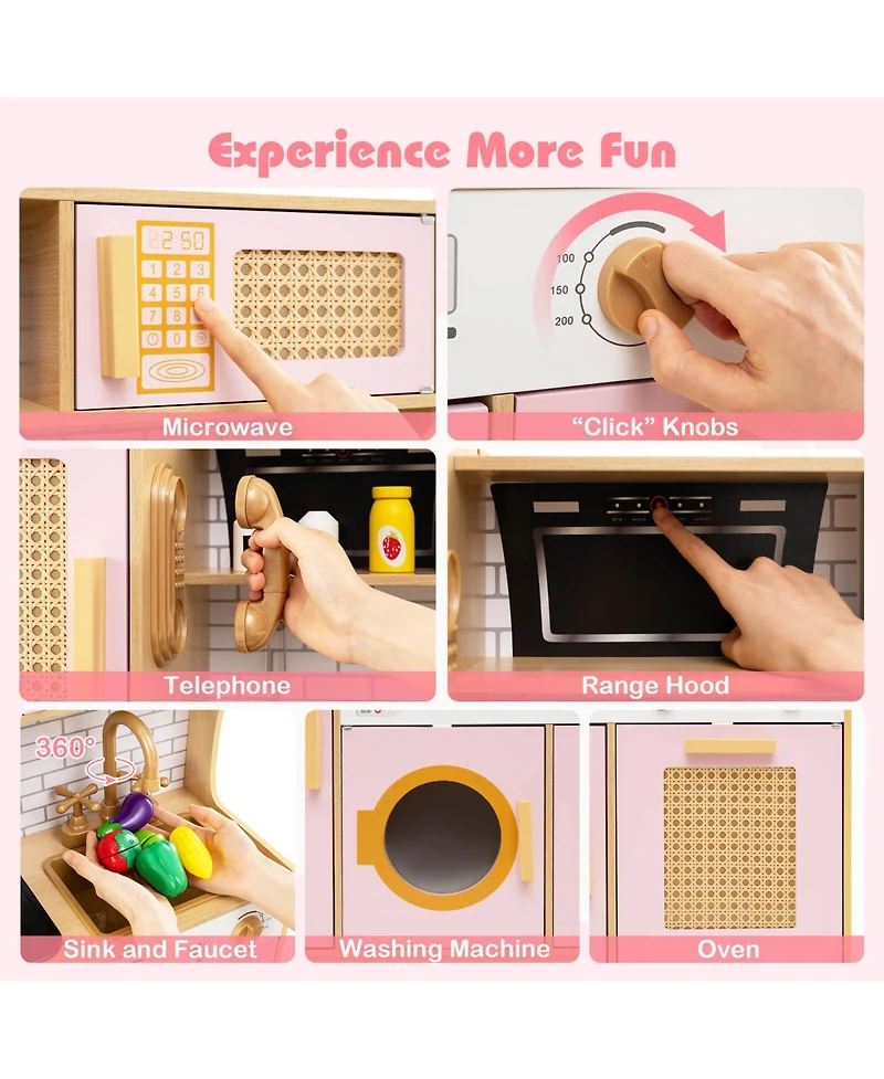 Wooden Kids Kitchen Playset Pretend Play with Real Sounds Lights