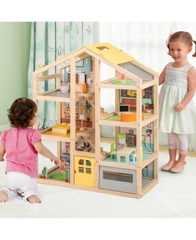 Kids Wooden Dollhouse with 7 Rooms 18 Pcs Furniture Accessories 2 Figures