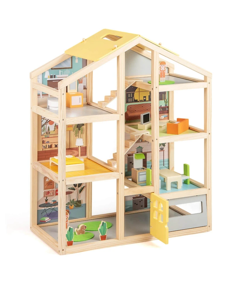 Kids Wooden Dollhouse with 7 Rooms 18 Pcs Furniture Accessories 2 Figures