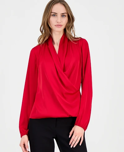 T Tahari Women's Long-Sleeve Draped Wrap Blouse