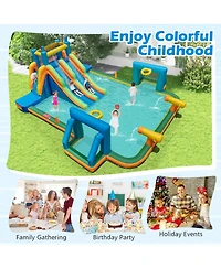 Gymax Inflatable Water Slide w/ 2 Long Slides Pool Climbing Walls 1100 W Blower