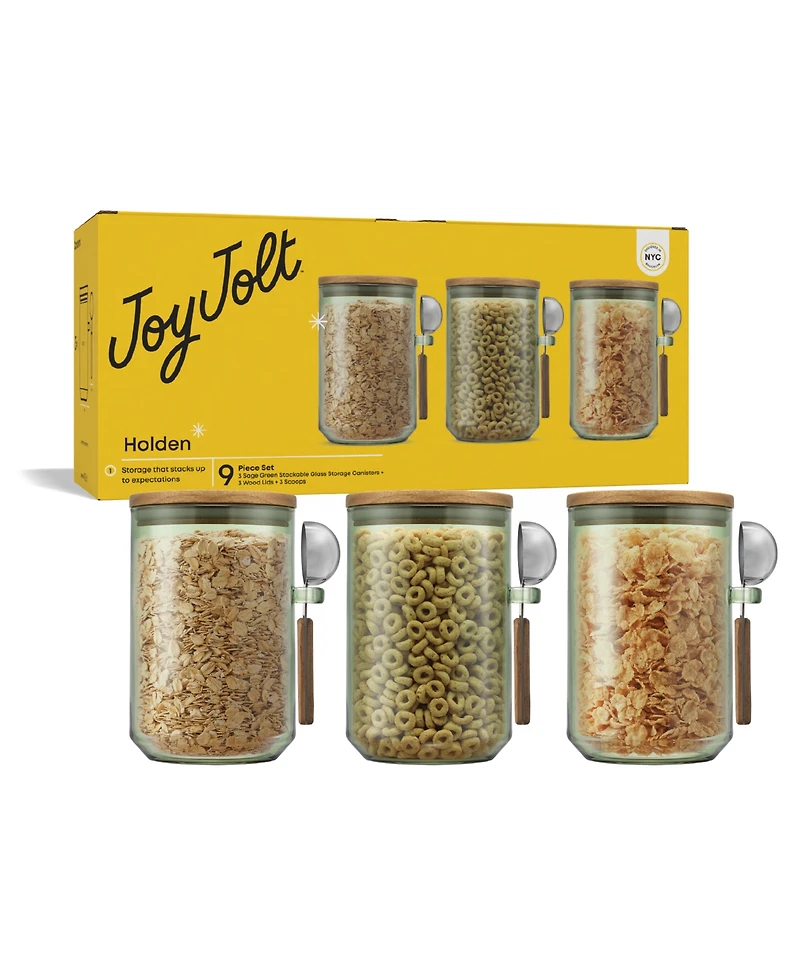 JoyJolt Holden Stackable Glass Storage Canister with Wood Lids and Scoops, Set of 3