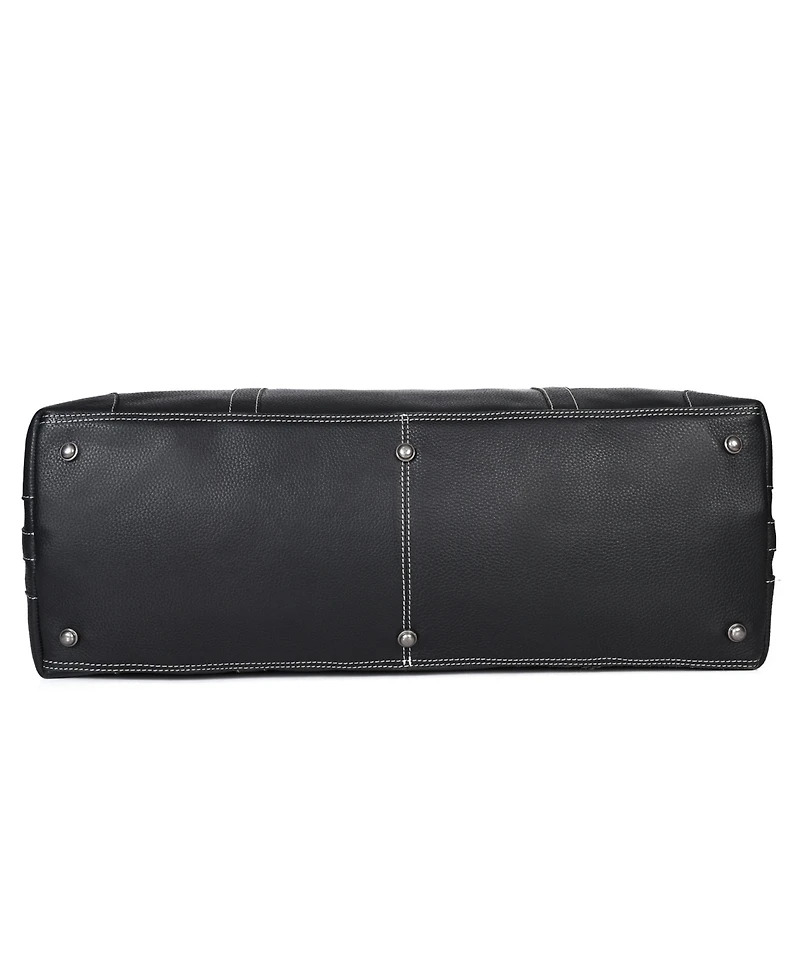 Aaron Leather Goods Full-Grain Black Leather Duffel Bag with Contrast Stitching, Adjustable Shoulder Strap, Metal Feet, and Spacious Interior –