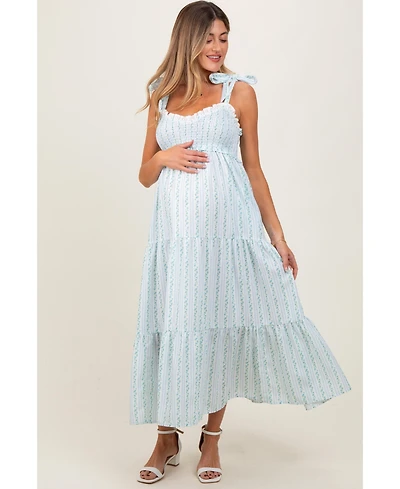 Pinkblush Maternity Floral Striped Smocked Shoulder Tie Maxi Dress