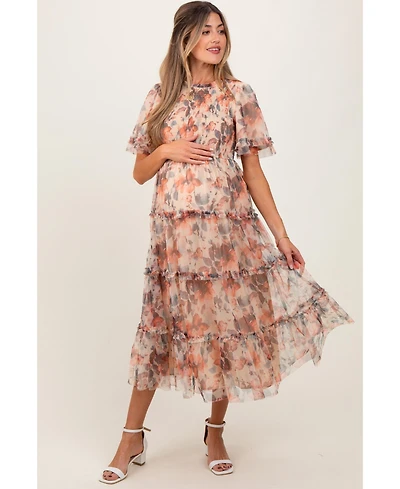 Pinkblush Maternity Peach Floral Mesh Smocked Midi Dress