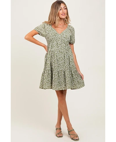 Pinkblush Maternity Light Olive Floral Tiered V-Neck Mini Dress
