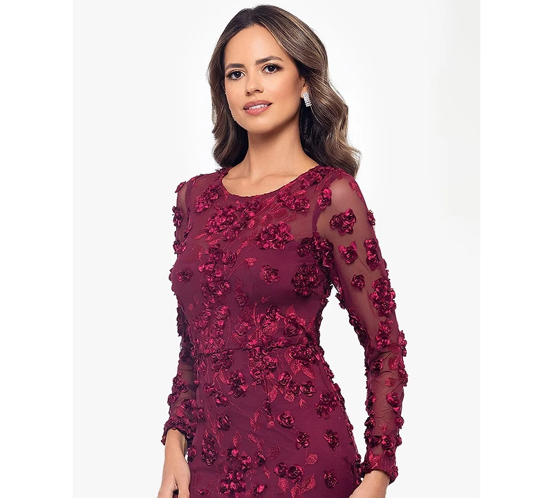 Xscape Petite Raised Flower Crewneck Long Gown Dress