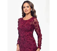 Xscape Petite Raised Flower Crewneck Long Gown Dress