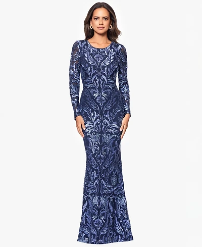 Xscape Petite Sequin Detail Crewneck Long Gown Dress