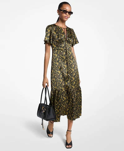 Michael Kors Women's Ruffled Sleeve Floral Midi Dress