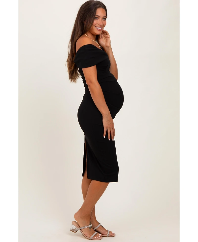 Pinkblush Maternity Black Off Shoulder Fitted Midi Dress
