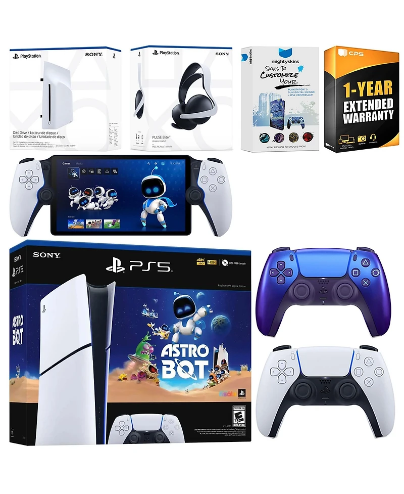 Sony PlayStation 5 Astro Bot Slim Digital Bundle with Disc Drive, Pulse Elite Headset, Extra Controller, Portal