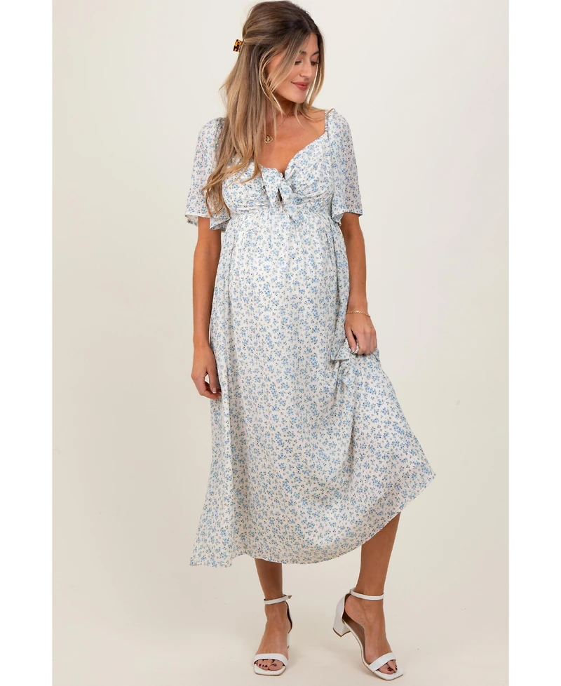 Pinkblush Maternity Blue Floral Front Tie Midi Dress