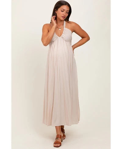Pinkblush Cream Halter Neck Side Slit Maternity Midi Dress