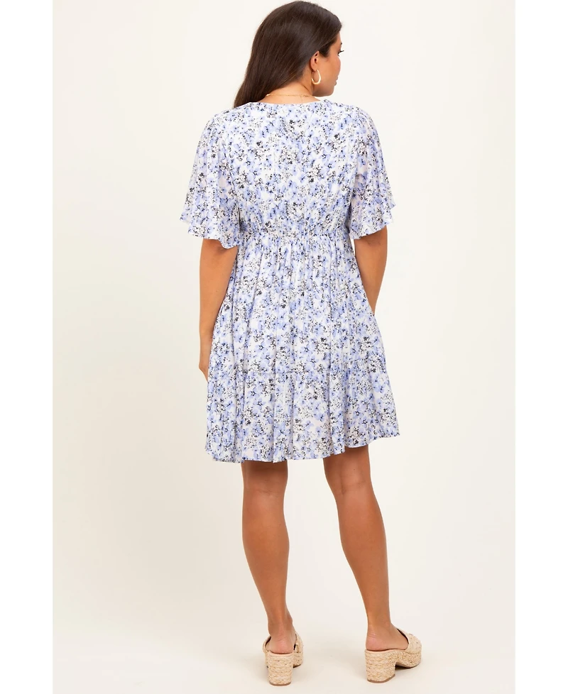 Pinkblush Women's Periwinkle Floral V-Neck Flutter Sleeve Maternity Mini Dress
